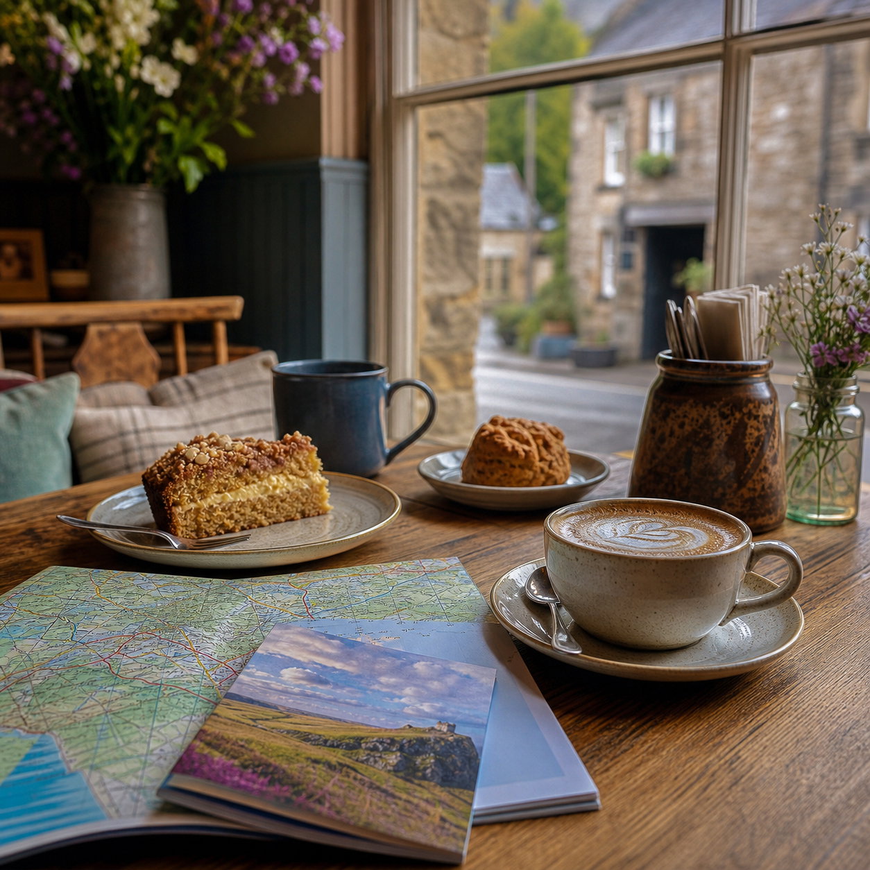 Local business table with coffee and a walking map
